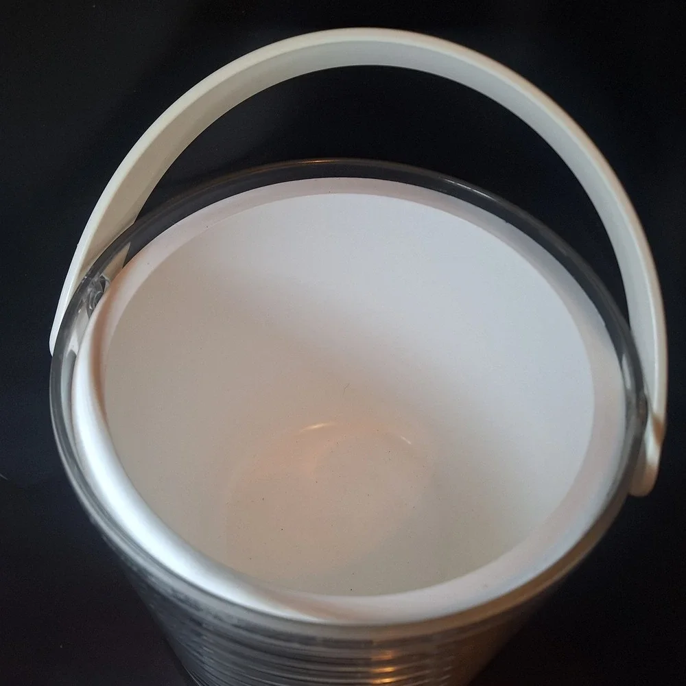 Sally Designs Ice Bucket Clear Acrylic Ribbed White Handle Lid Tongs‎ Glencoe